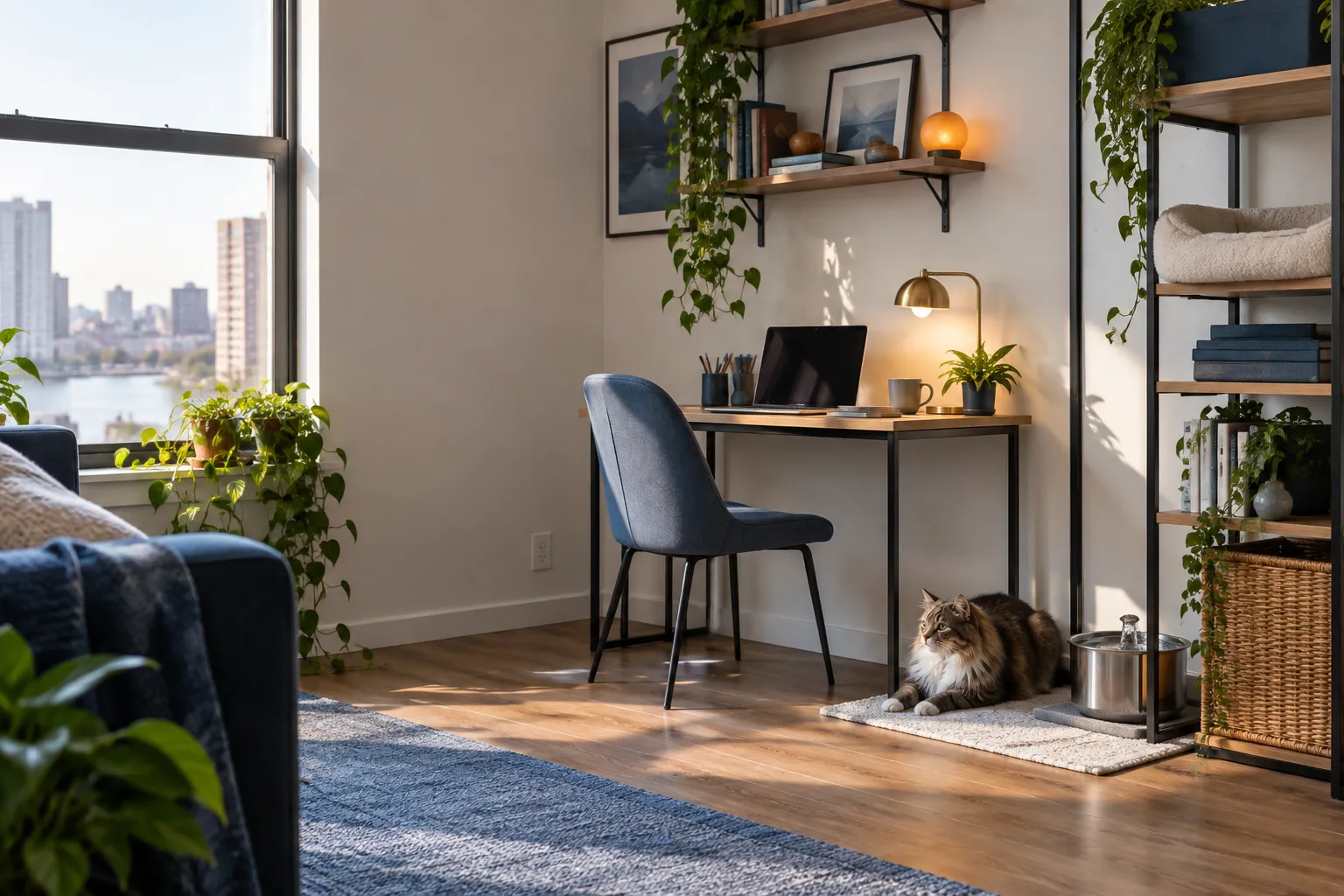 A thoughtfully organized compact apartment corner with a desk, wall storage, and a cat